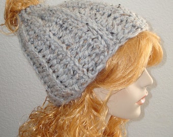 Hand Crocheted Gray Marble Messy Ribbed bun hat/Ponytail Ribbed hat/Winter Messy Bun Hat/Slouchy Messy Bun Hat/Women's Accessories/Beanie