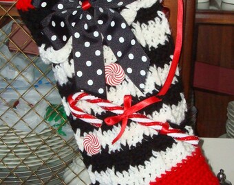 Retro Crochet Christmas Ribbed Stocking/Christmas Decoration/Christmas Ornament/Black-Red-White/Great for Stuffing/Handmade/Jingle Bells