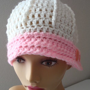 Cappello a cloche chemio con bottoni/Cappello chemio a cloche/Cappello a cuffia/Cappello chemioterapico bianco con rifiniture rosa/Cappello chemio/Cappello a cloche/Cappello primaverile/Cappello estivo