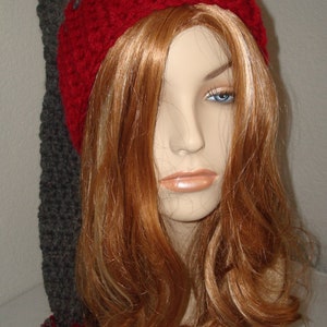 Santa Hat-Stocking Cap-Elf Hat Slouchy Crocheted/Winter Warm/Gray and Burgandy/with pom pom/Women and Men/Accessories/Bulky Warm Hat