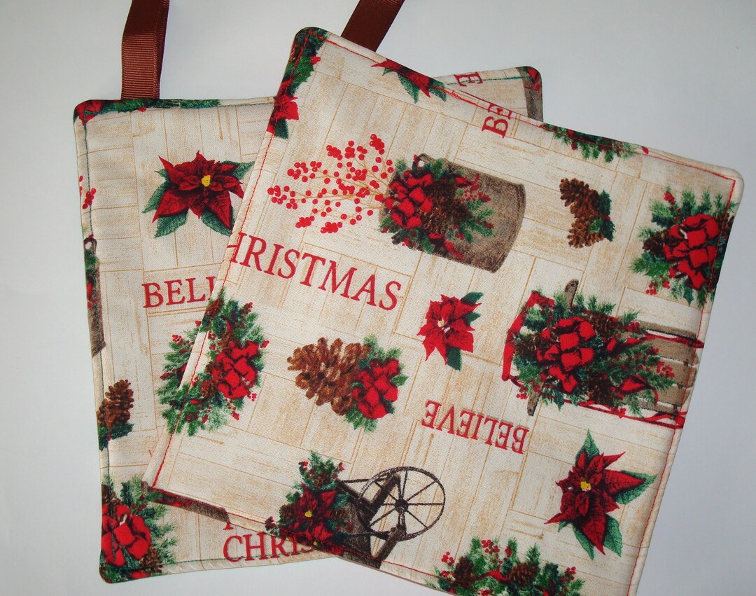 Christmas Set of 2 Potholders/christmas Believe With Christmas Sleds