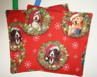 Christmas Dog With Santa Hats in Christmas Wreaths set of 2 Potholders/Kitchen Potholders/8"x8" Thick potholders/Cute Dog potholders/Red