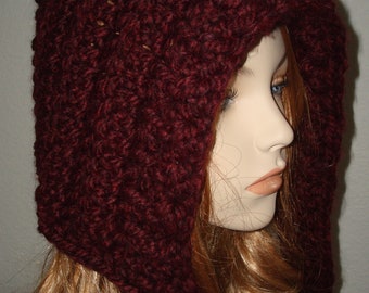 Bulky Tahreno Mountain Hood Pixie Hat-Claret/Elf Pixie Hat/Pixie Hood/Pixie Hat/Winter Ski Hat/Warm winter hood/hand crocheted/Ready to ship