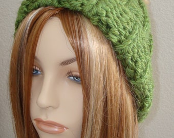 Crocheted Bulky Ribbed Winter Snowboarders Slouchy Hat w/Pom Pom/Ski Hat/Winter Hat/Warm Hat/Olive Green/Cream pom pom/Fall/Oversized