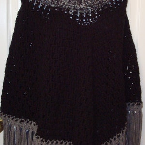Cowl Neck Granny Square Poncho with Fringe/Hand crocheted Women&#39;s poncho/Winter poncho/Vintage style poncho/Black and gray poncho