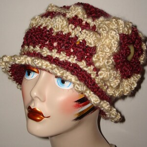 Antique Burgandy & Cream Edwardian Bobble Cloche Flapper Hat/Hand Crocheted/Cloche Hat/Women&#39;s Accessories/Fashion Hat/Winter