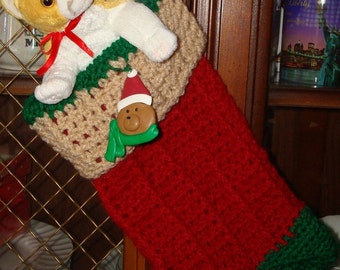 Christmas Ribbed Stocking/Crochet/Burgandy, Hunter Green, Buff Tan/Christmas Decoration/Christmas Ornament/Holiday Stocking/Jingle Bell