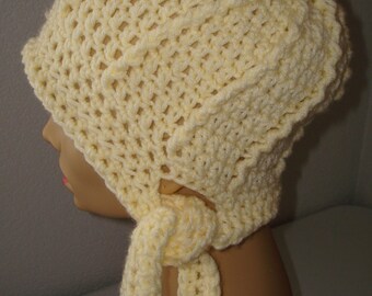 Chemo Crocheted Hat with ties/Cloche hat/Chemo hat/Cream colored chemo hat