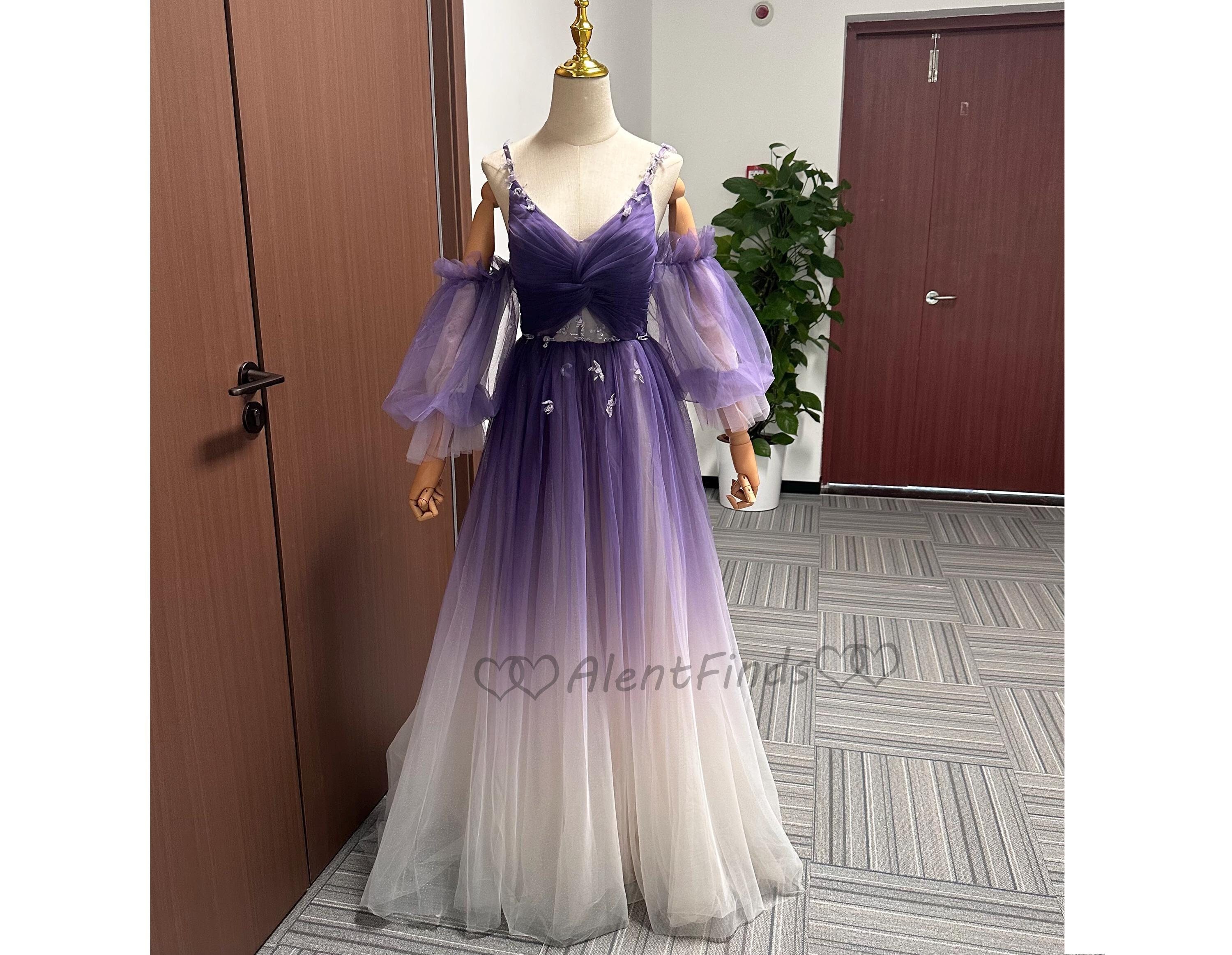 Puffy Sleeve Sequin Tulle Lavender Prom Dress