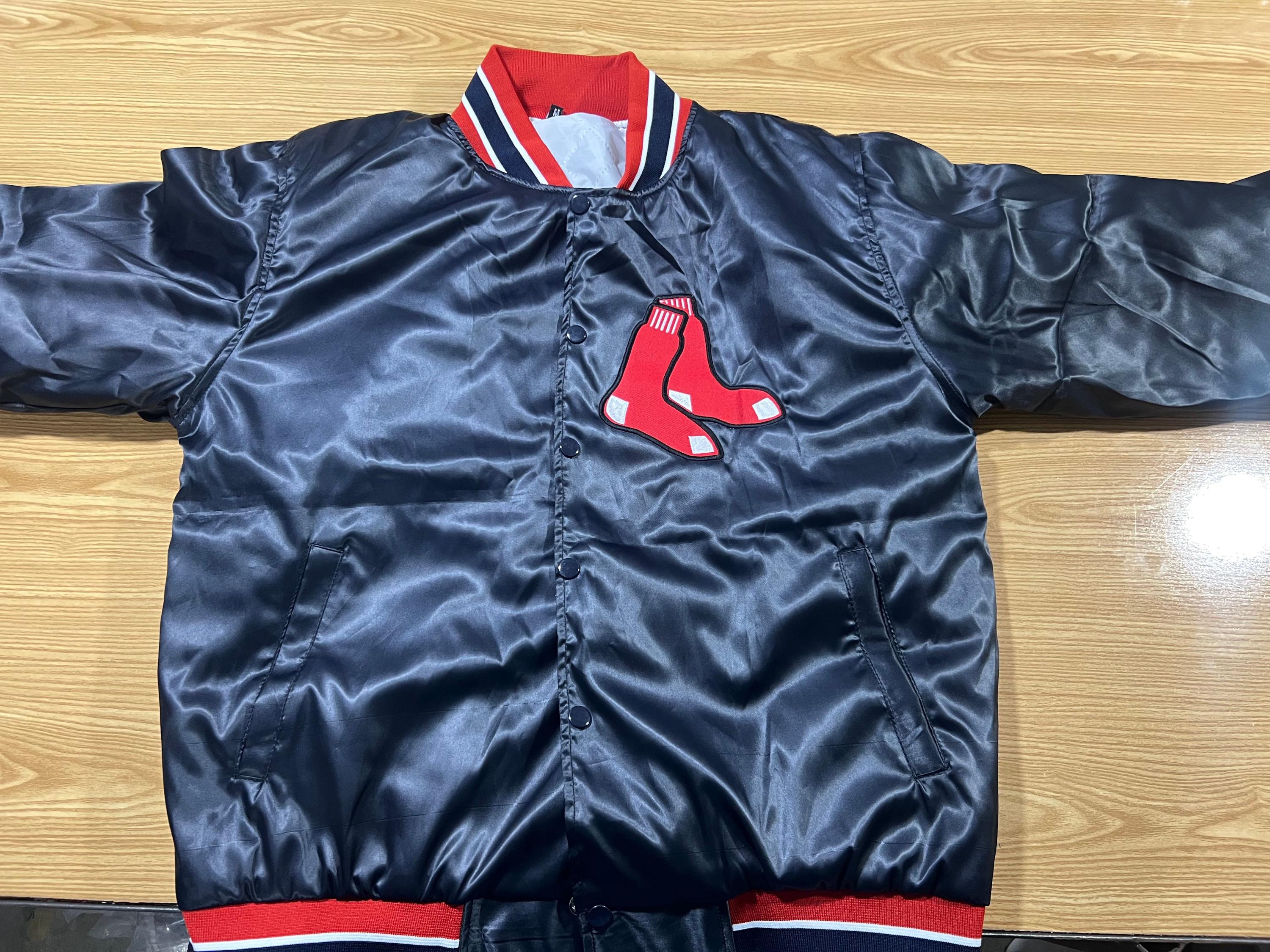 ボストン レッドソックス ネイビー サテン ジャケット、レターマン