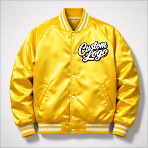 May include: A bright yellow satin bomber jacket with white and yellow striped cuffs, collar, and hem. The jacket features a "Custom Logo" patch on the chest. The jacket has a button-up front and two side pockets.