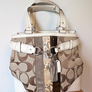 May include: A multi-textured handbag featuring a beige and brown signature logo canvas, white leather trim, and a central vertical panel with snakeskin-patterned leather, suede, and dark brown patent leather, accented by a silver-tone clasp and tassel.