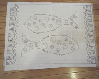 Primitive fish with pennies rug hooking pattern on gridded trace fabric