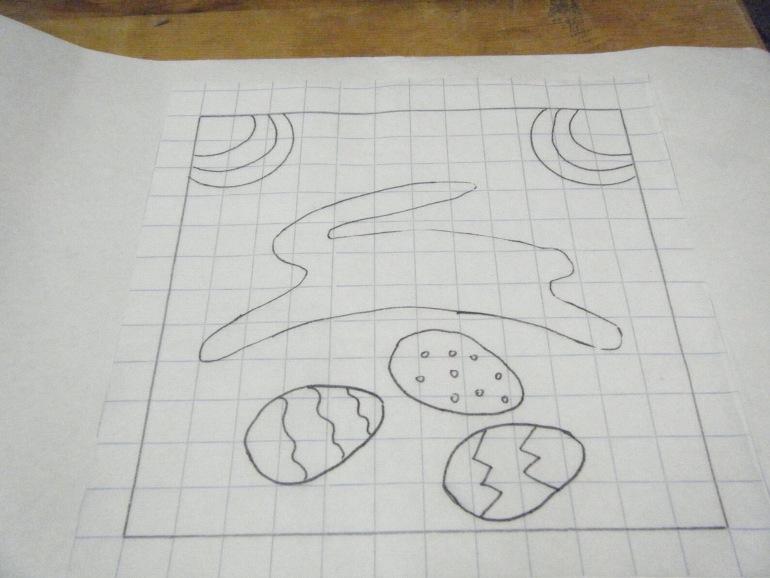 Primitive Easter Rabbit and Eggs Rug Hooking Pattern on Gridded Trace