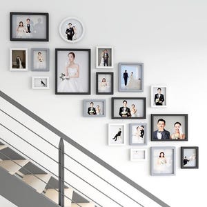 18 pieces wood wall mount photo frame set, staircase picture frame set, home décor, wall decoration, wooden picture frames, gallery wall set