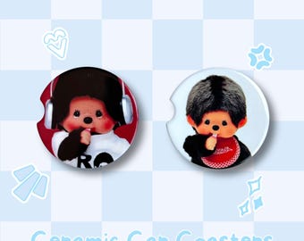 Handmade Monkey Ceramic Car Coasters, Set of 2