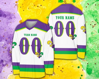 Custom Mardi Gras Ice Hockey Jersey, Personalized Fleur De Lis Hockey Shirt, Hockey Team Jersey, Mardi Gras Carnival Sports Uniform For Fans
