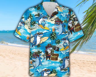 トップス Shark Aloha Shirt DAN Pirate Shark Hawaiian Shirt for Men & Women, Funny Surfing
