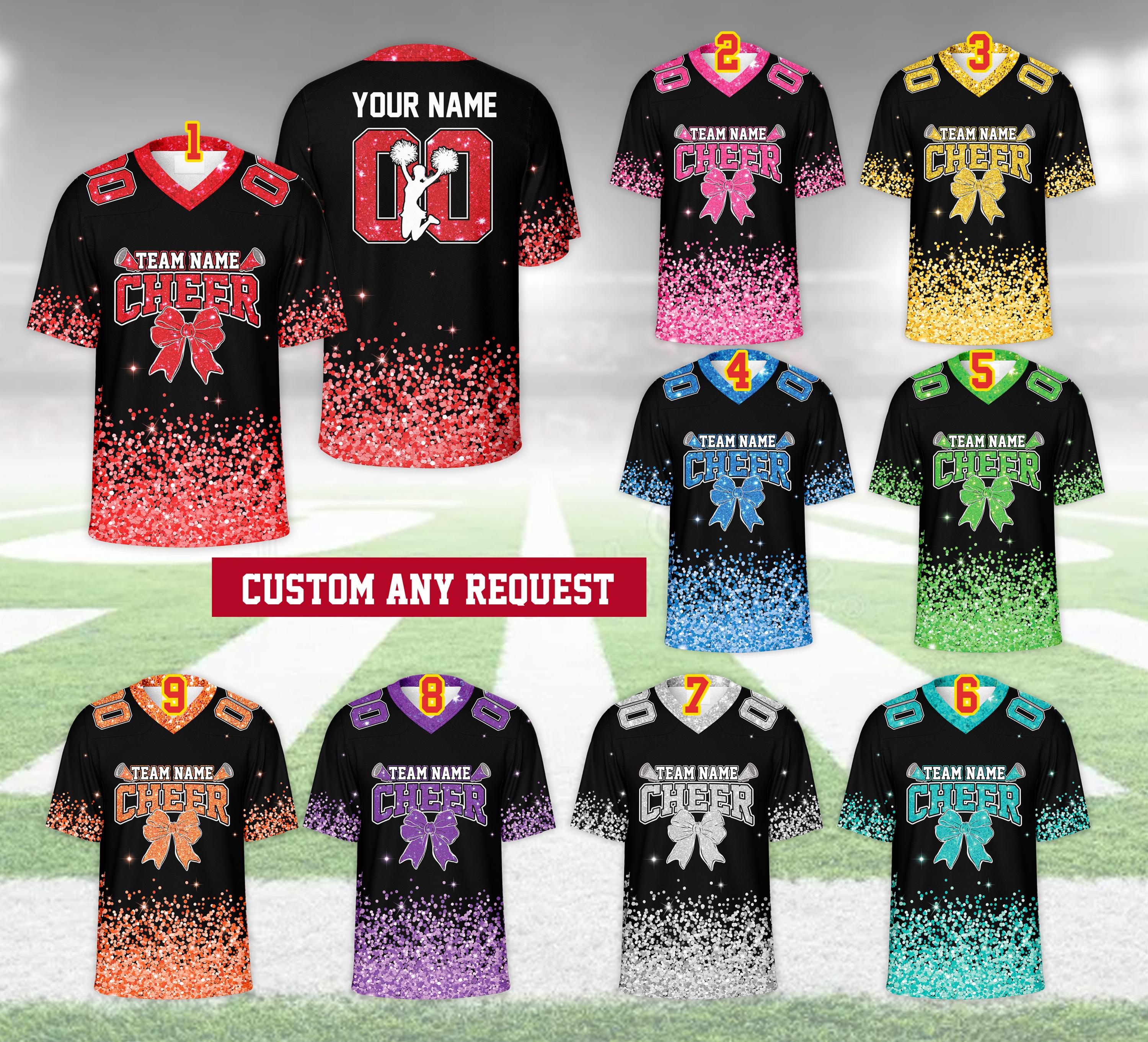 Custom PRINTED GLITTER Coquette Bow Cheer Football Jersey