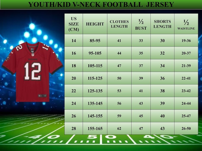 Pode incluir: Uma camisola de futebol juvenil vermelha com o n&uacute;mero 12 em branco. A imagem inclui uma tabela de tamanhos com medidas em cent&iacute;metros para altura, comprimento da roupa, busto, comprimento dos cal&ccedil;&otilde;es e cintura.
