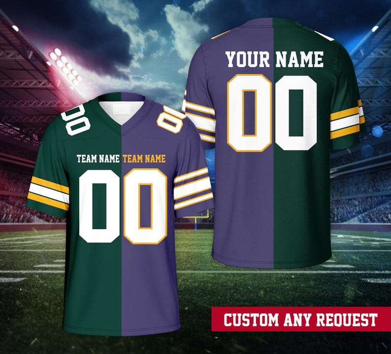 May include: Two football jerseys, one green and purple, the other purple and green. Each jersey has the number "00" in white with gold trim. The text "YOUR NAME" is on the back of one jersey. The text "TEAM NAME" is on the front of the other jersey. The text "CUSTOM ANY REQUEST" is at the bottom.