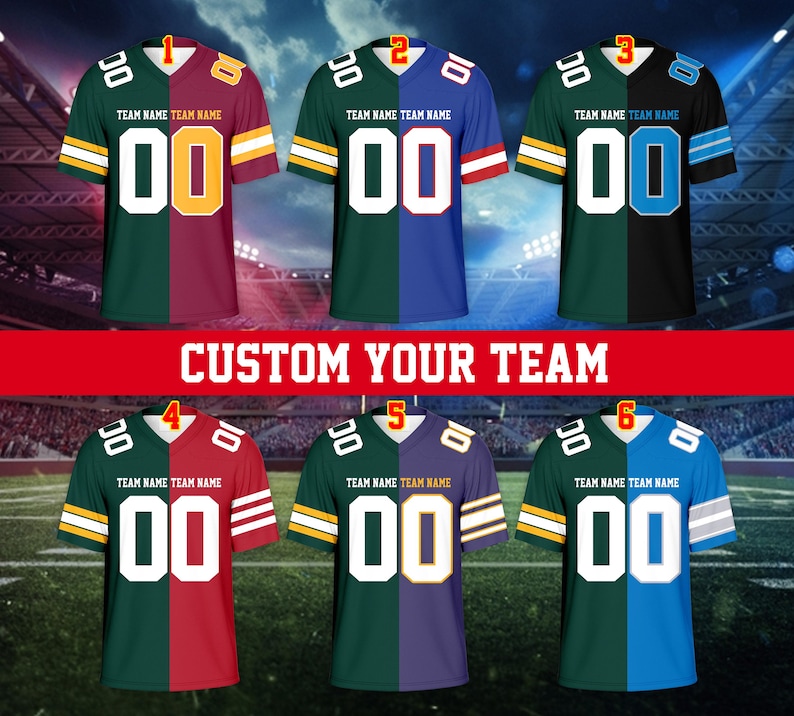May include: Six football jerseys in various color combinations, each featuring the number "00" in white. The jerseys are green, red, blue, black, and purple, with the text "CUSTOM YOUR TEAM" in red.