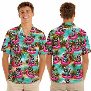 Hawaiihemd mit tropischem Waschbär-Motiv für Damen und Herren, Aloha-Hemd mit Waschbär-Pool-Motiv und Flamingo-, Strand- und Palmenmuster – das perfekte Geschenk für den Sommerurlaub
