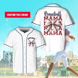 Personalisiertes Name Baseball Mama Jersey, Benutzerdefinierte Farbe Kokette Bogen Baseball Mom Shirt, Baseball Saison Spieltag Outfit, Geschenk für Sport Mutter