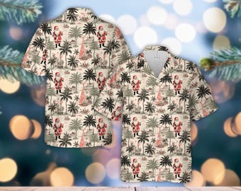 Tropical Christmas Santa Hawaiian Shirt, Summer Beach Christmas Palm Tree Button Down Shirt,Retro Vintage Christmas Santa Gift For Men Women