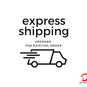 May include: Black and white graphic with the words "express shipping" above "upgrade for existing order." A stylized truck with speed lines is below the text. The Daily4Trinket logo is in the bottom right corner.