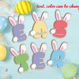 Etichetta personalizzata con nome coniglietto pasquale, etichetta personalizzata con lettere in legno con orecchie da coniglio, ciondolo con nome cestino primaverile per bambini, regalo di Pasqua coniglio, biglietto di Pasqua