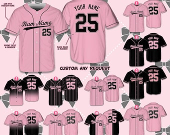 Camiseta de béisbol personalizada con nombre y número, color negro y rosa, ideal para conciertos de música, ideal para amantes del béisbol y la música.