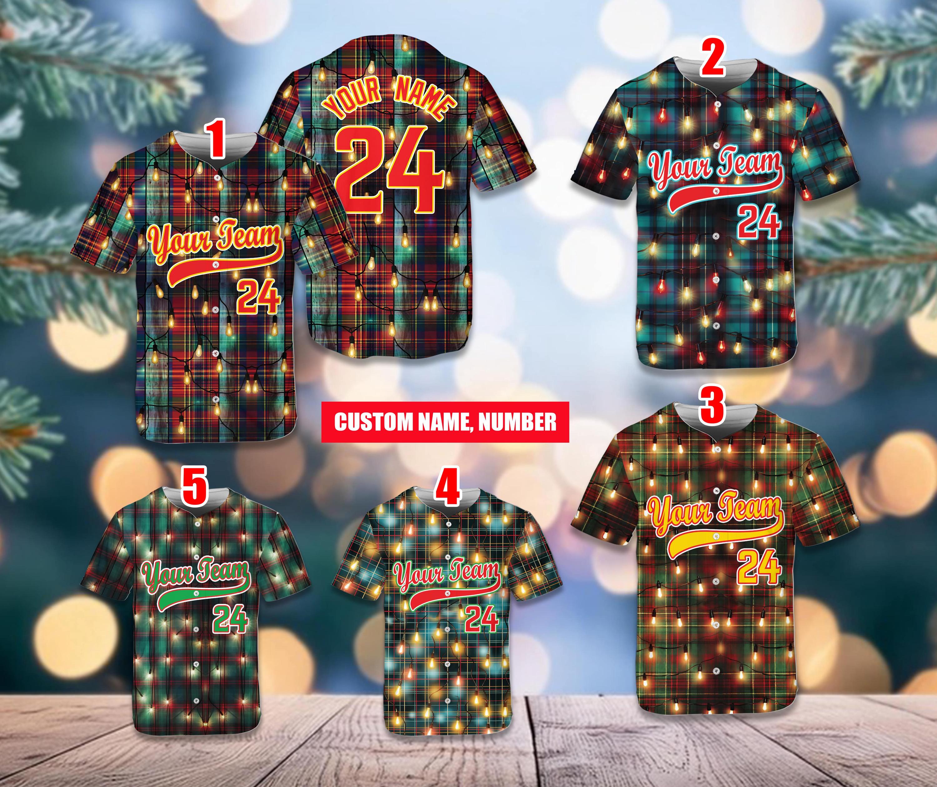 Discover Custom Color Merry Christmas Baseball Jersey, Personalized Name Number Christmas Lights Jersey, Christmas Gift For Kids Adult Baseball Fans