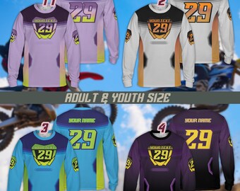 Könnte beinhalten: Vier langärmelige Motocross-Trikots in verschiedenen Farbschemata. Jedes Trikot hat die Nummer 29, Platz für individuellen Text und die Worte "YOUR NAME". Die Trikots sind in Erwachsenen- und Jugendgrößen erhältlich.