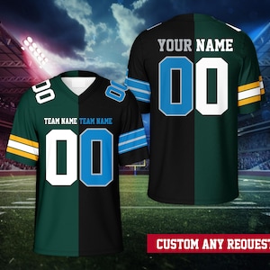 May include: Two football jerseys, one green and black, the other black and green, with the text "TEAM NAME" and "YOUR NAME". Each jersey has the number "00" in white. The jerseys have blue and yellow accents. The bottom right corner reads "CUSTOM ANY REQUEST".