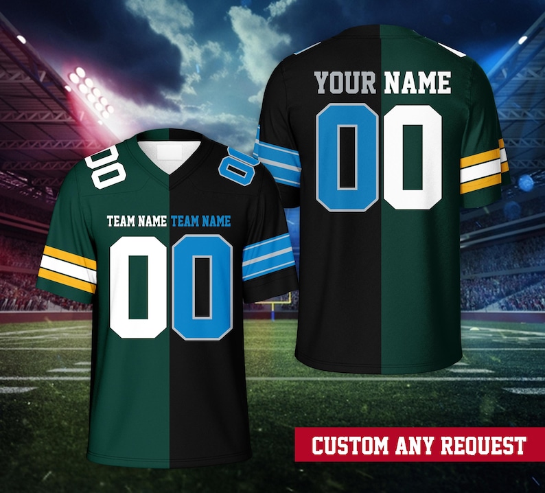 May include: Two football jerseys, one green and black, the other black and green, with the text "TEAM NAME" and "YOUR NAME". Each jersey has the number "00" in white. The jerseys have blue and yellow accents. The bottom right corner reads "CUSTOM ANY REQUEST".