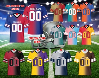 Camisa de time de futebol gradiente de 2 cores personalizada, camisa de futebol com nome personalizado, traje de dia de jogo de campeão para amantes do futebol americano