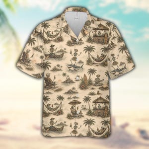 May include: A short-sleeve button-down shirt in a light beige color featuring an all-over print of skeletons in tropical settings. The graphic pattern includes skeletons relaxing in hammocks, surfing on sharks, paddling canoes, and sitting at a tiki bar.