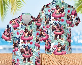 Tropical Bigfoot Flamingo Hawaiian Shirt For Men Women, Pool Party Flamingo Sasquatch Button Up Shirt, Summer Beach Shirt For Bigfoot Lover