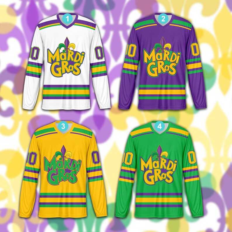 May include: Four long-sleeved Mardi Gras jerseys in white, purple, yellow, and green. Each jersey has the text "Mardi Gras" in a stylized font, the number "0", and purple, green, and yellow stripes.