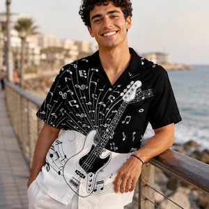musicians dress shirts Axxess White Cotton Black Music Notes Embroidery High Collar French Cuff Shirt