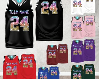 Personalized Color PRINTED GLITTER Basketball Jersey, Custom Name Ombre Bling Jersey, Sparkly Cheer Uniform, Game Day Outfit For Girls Women