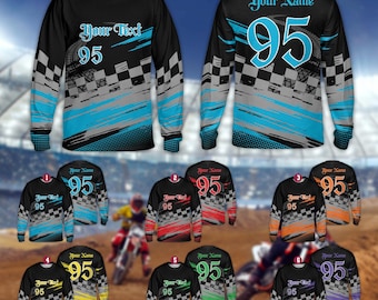 Camiseta de manga larga personalizada para motocross a cuadros para jóvenes y adultos, camiseta de manga larga con nombre de piloto para motocross, motocross, ATV, enduro y carreras, camiseta 3D