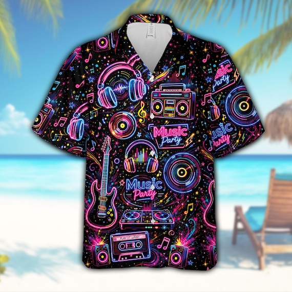 Neon Music Hawaiian Shirt Men, Retro DJ Boombox Button up Shirt