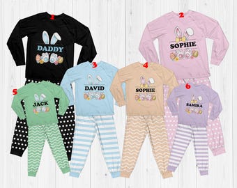 Personliga namn Glad påsk pyjamasset, Anpassade påskägg och kaninpyjamas för familjen, Matchande familjepåskpyjamas, Julpyjamas