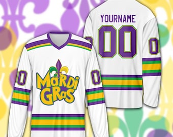 Camiseta de hockey sobre hielo personalizada de Mardi Gras, camiseta de hockey personalizada Fleur De Lis, camiseta del equipo de hockey, uniforme deportivo de carnaval de Mardi Gras para fanáticos