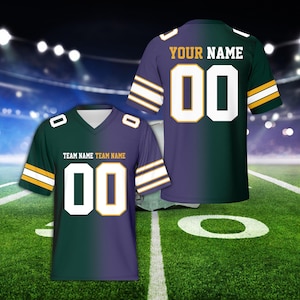 May include: Two football jerseys, one in front and one behind, with a green and purple gradient design. The jerseys have white numbers and text, with gold and white stripes on the sleeves. The front jersey reads "TEAM NAME TEAM NAME" and the number "00". The back jersey reads "YOUR NAME" and the number "00".