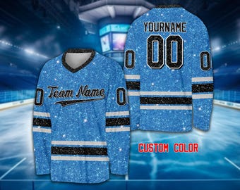 Camisa de hóquei no gelo com glitter falso e cor personalizada, camisa de hóquei com nome e número personalizados, camisa de time de hóquei, roupa para o dia do jogo, presente para fãs de hóquei