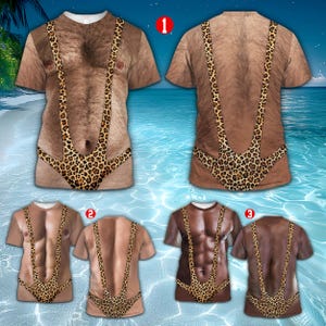May include: Three short-sleeved t-shirts featuring a realistic print of a hairy torso wearing a leopard print wrestling singlet. The first design shows a hairy chest, the second a muscular torso, and the third a dark-toned muscular torso.