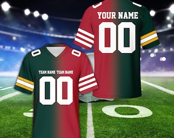 Camiseta de fútbol personalizada para dos equipos, camiseta de fútbol con degradado dividido personalizada, camiseta de mitad y mitad, atuendo para el día del juego para niños y adultos fanáticos del fútbol